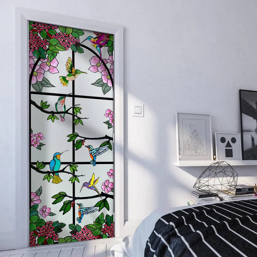 Hummingbird Floral Garden Stained Glass Door Cover - Religious Door Decorations