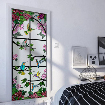 Hummingbird Floral Garden Stained Glass Door Cover - Religious Door Decorations