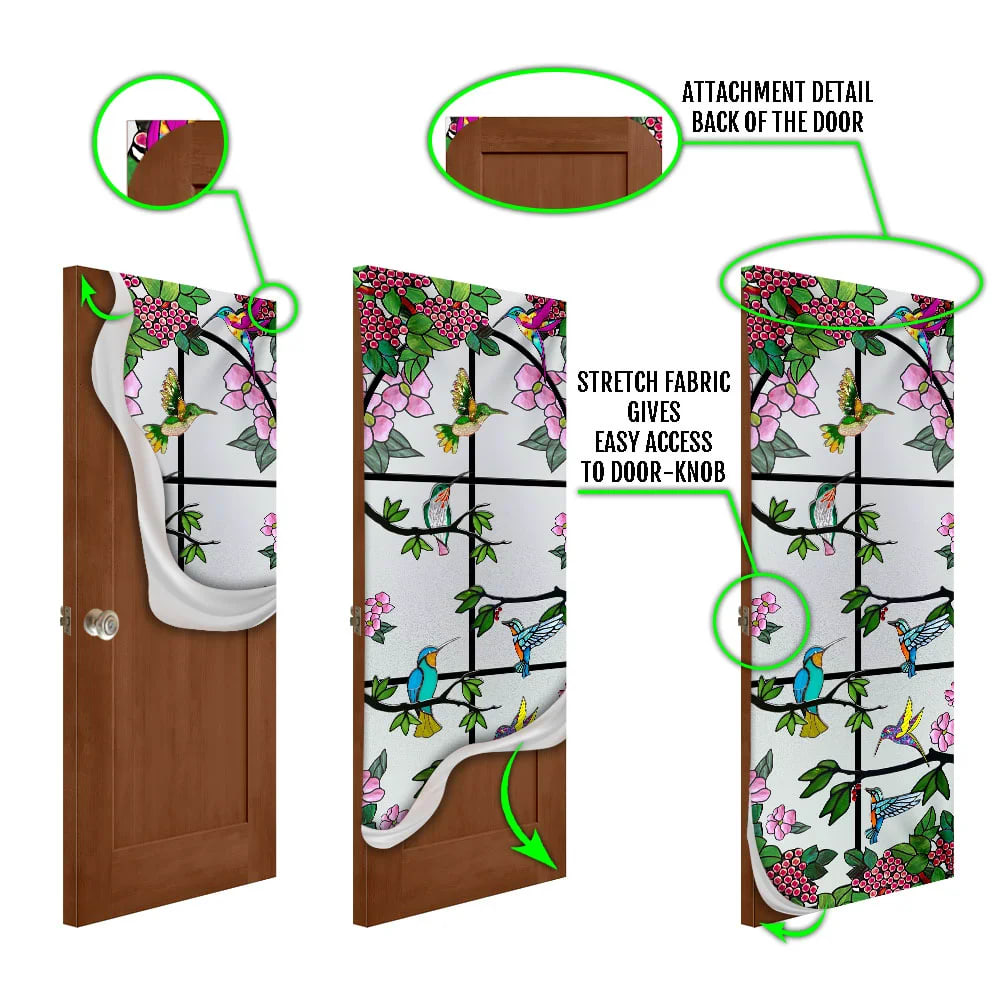 Hummingbird Floral Garden Stained Glass Door Cover - Religious Door Decorations