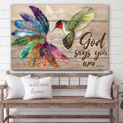 Hummingbird God Says You Are Colorful Feather Wall - Jesus Canvas Pictures - Christian Wall Art