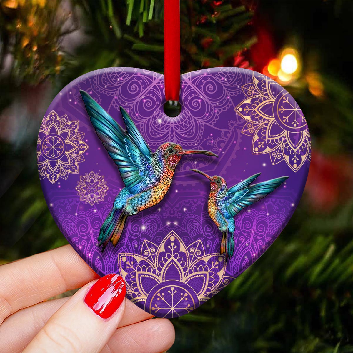 Hummingbird Mandala Heart Ceramic Ornament - Christmas Ornament - Christmas Gift