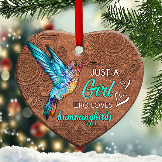 Hummingbird Mandala Leather Style Heart Ceramic Ornament - Christmas Ornament - Christmas Gift