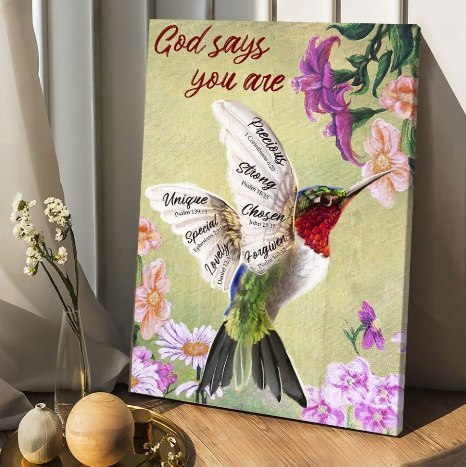 Hummingbird Painting Flowers God Says You Are Canvas Posters - Christian Wall Posters - Religious Wall Decor