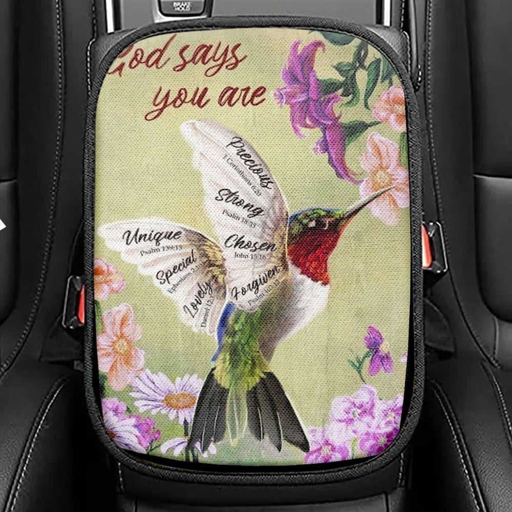 Hummingbird Painting Flowers God Says You Are Car Center Console Cover, Christian Armrest Seat Cover, Bible Seat Box Cover