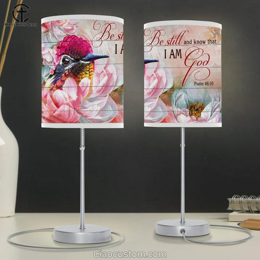 Hummingbird, Pink Camellia Flower, Be Still And Know That I Am God Table Lamp