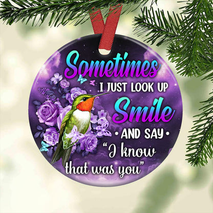 Hummingbird Purple Rose Memorial Ceramic Circle Ornament - Decorative Ornament - Christmas Ornament