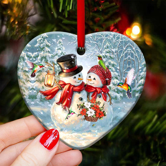 Hummingbird Snowman Couple Heart Ceramic Ornament - Christmas Ornament - Christmas Gift