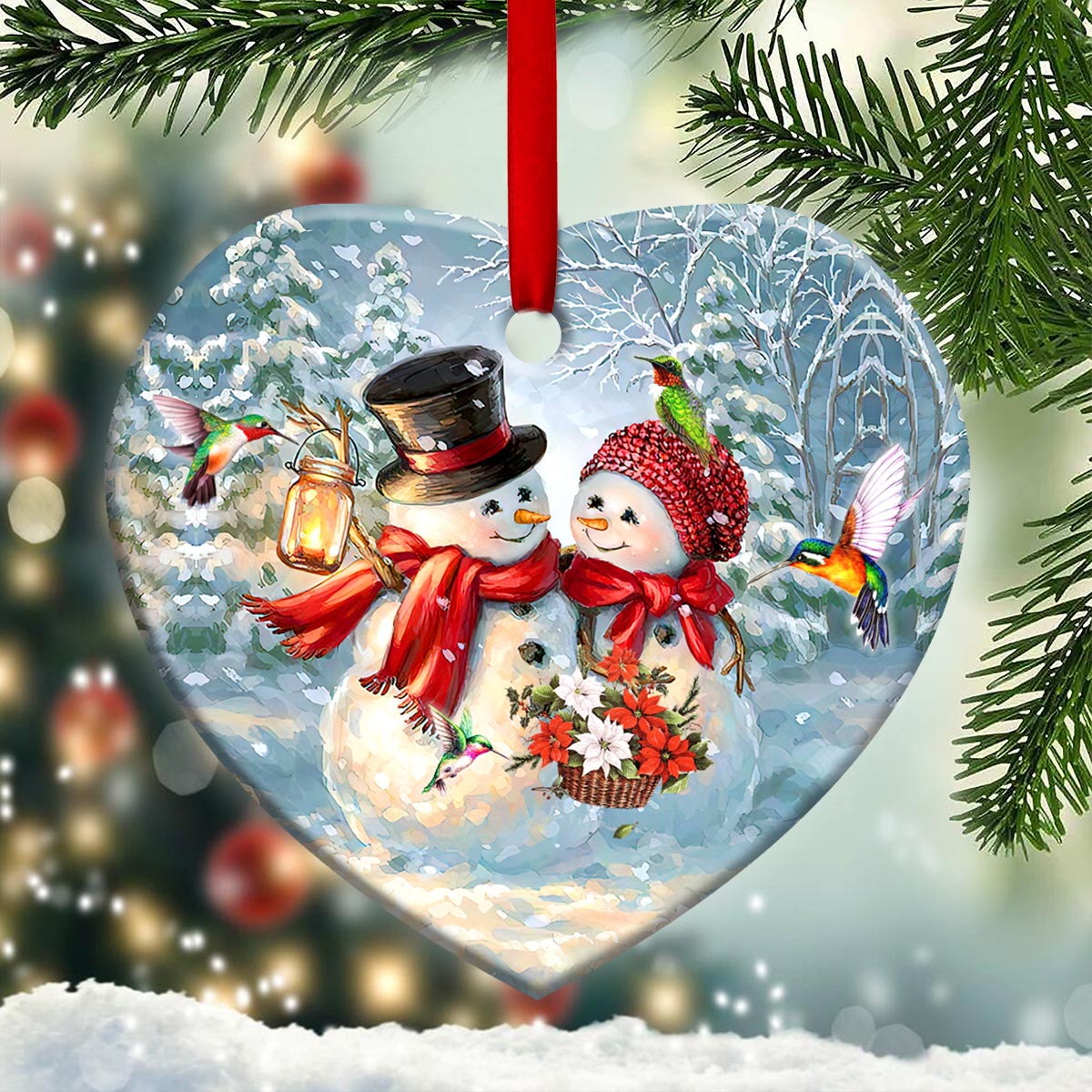 Hummingbird Snowman Couple Heart Ceramic Ornament - Christmas Ornament - Christmas Gift