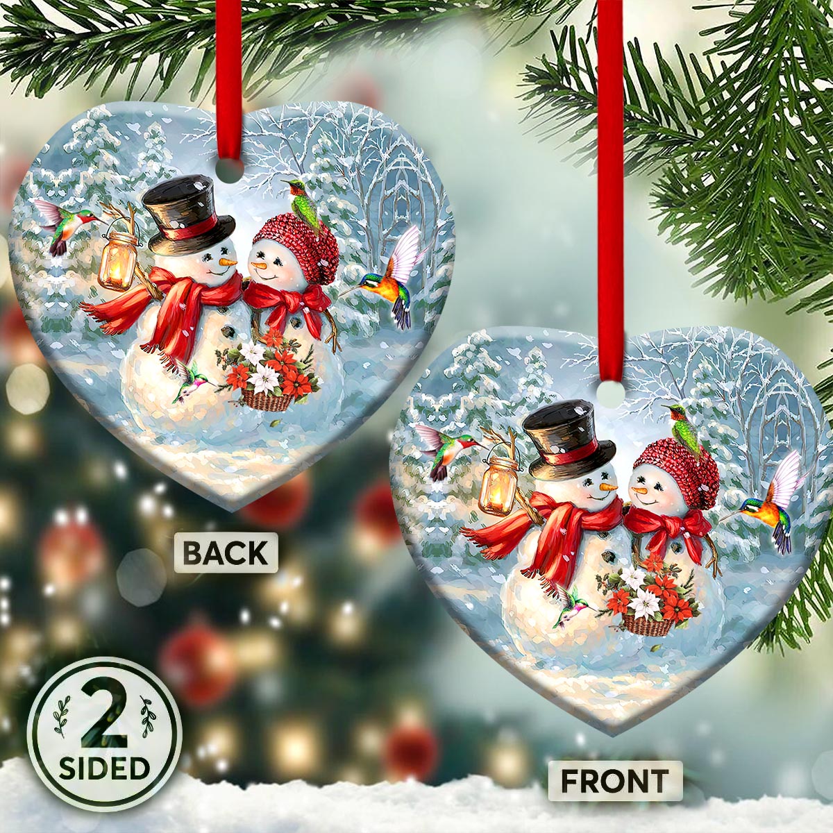 Hummingbird Snowman Couple Heart Ceramic Ornament - Christmas Ornament - Christmas Gift