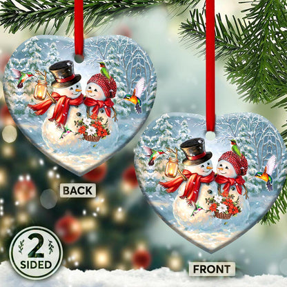 Hummingbird Snowman Couple Heart Ceramic Ornament - Christmas Ornament - Christmas Gift