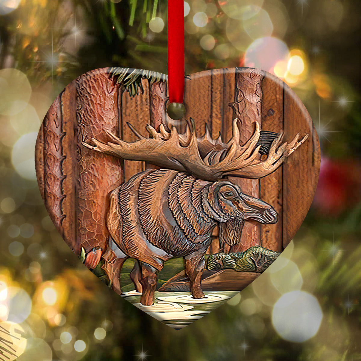 Hunting Wooden Style Moose Hunting Heart Ceramic Ornament - Christmas Ornament - Christmas Gift