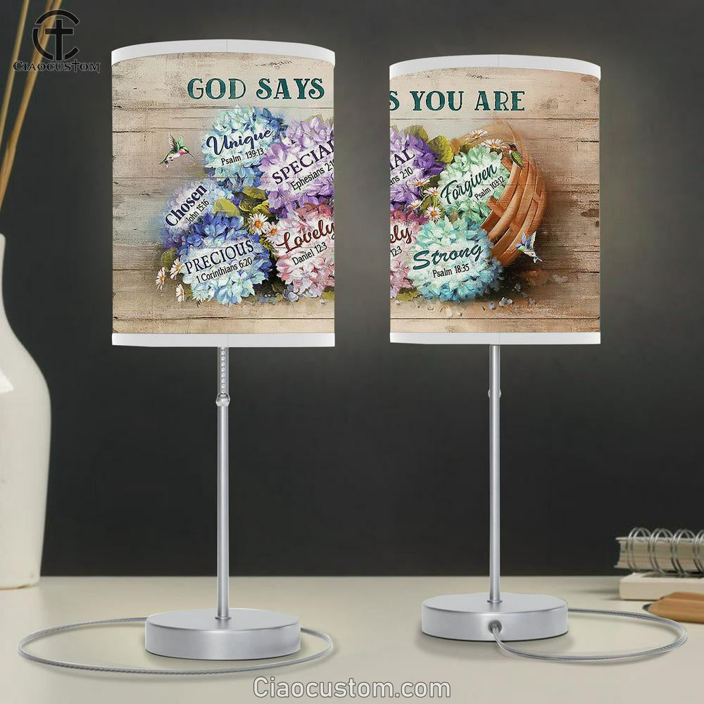 Hydrangeas God Says You Are Unique Large Table Lamp Art - Christian Room Decor - Religious Room Decor