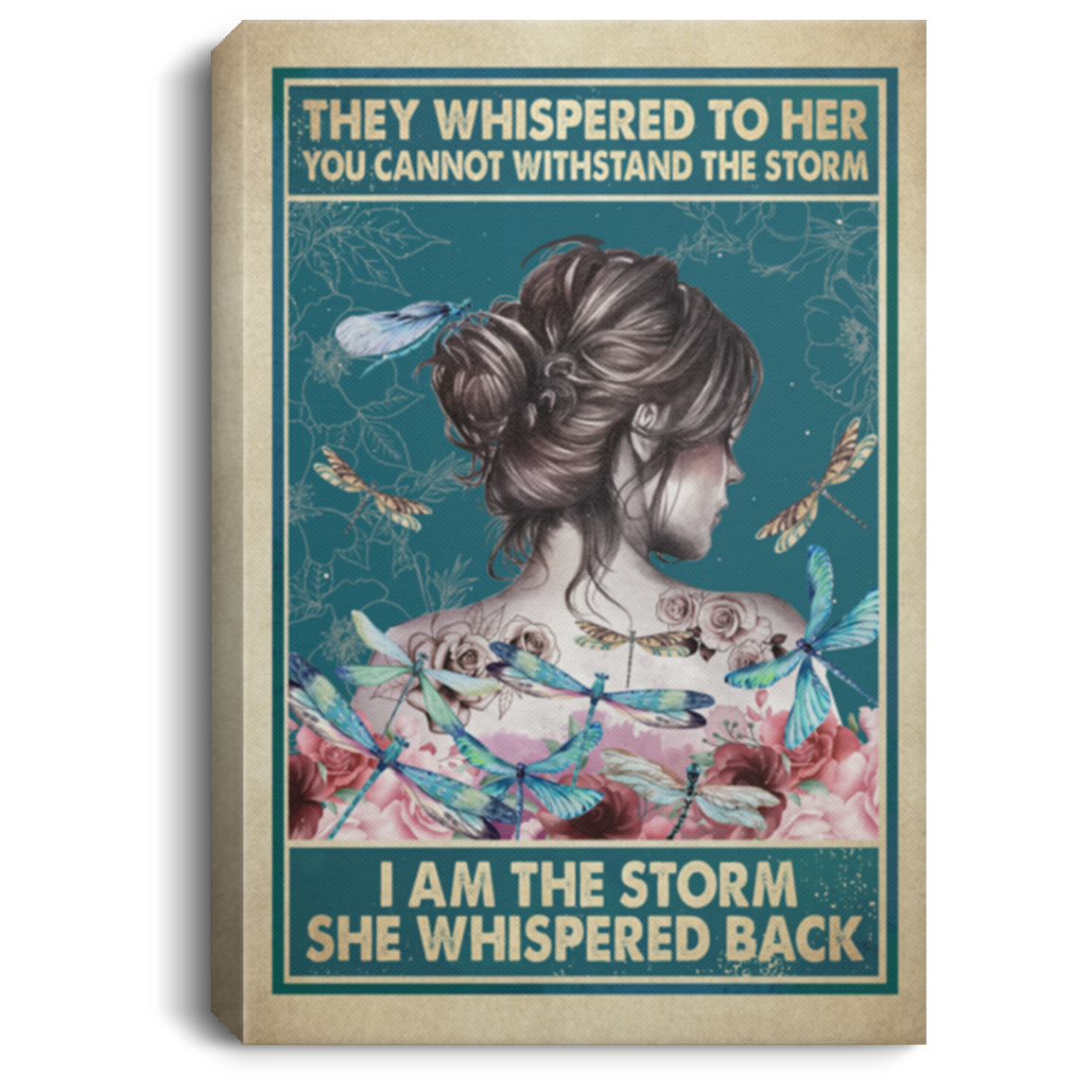 I Am The Storm - Female On Blue Background With Dragonflies Canvas Wall Art 3