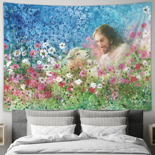 Christ And A Lamb In A Field Of Flowers - Jesus And Lamb Tapestry - Christian Tapestry - Tapestry Wall Hanging - Religious Wall Decor - Ciaocustom