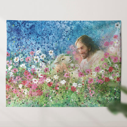 Christ And A Lamb In A Field Of Flowers - Jesus And Lamb Tapestry - Christian Tapestry - Tapestry Wall Hanging - Religious Wall Decor - Ciaocustom