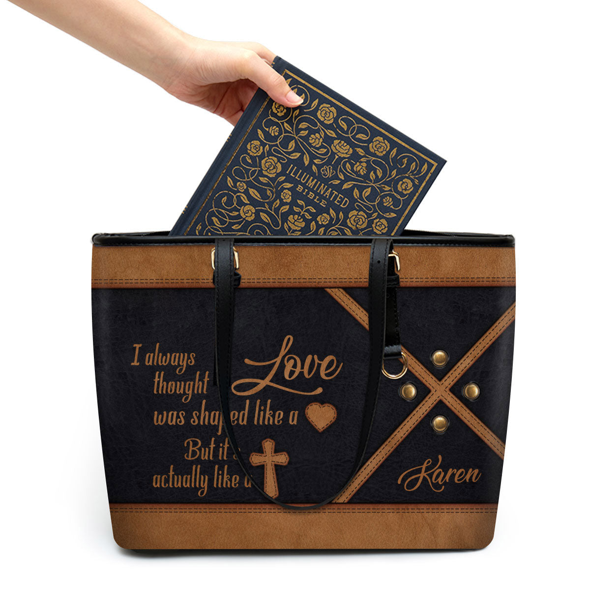 I Always Thought Love Was Shaped Like A Heart Cross Personalized Large Leather Tote Bag - Christian Inspirational Gifts For Women