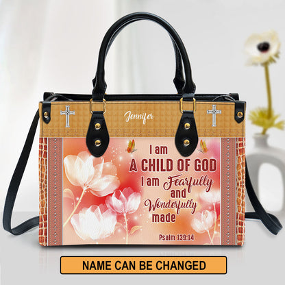I Am A Child Of God Leather Bag - Custom Name Flower Leather Handbag - Christian Gifts For Women