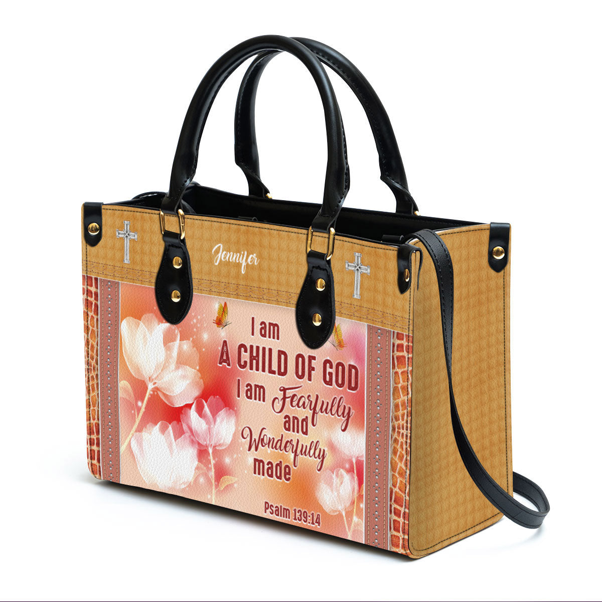 I Am A Child Of God Leather Bag - Custom Name Flower Leather Handbag - Christian Gifts For Women