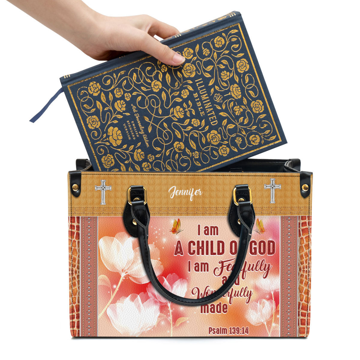 I Am A Child Of God Leather Bag - Custom Name Flower Leather Handbag - Christian Gifts For Women