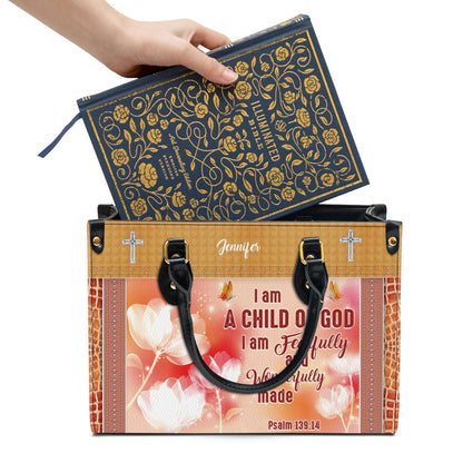 I Am A Child Of God Leather Bag - Custom Name Flower Leather Handbag - Christian Gifts For Women