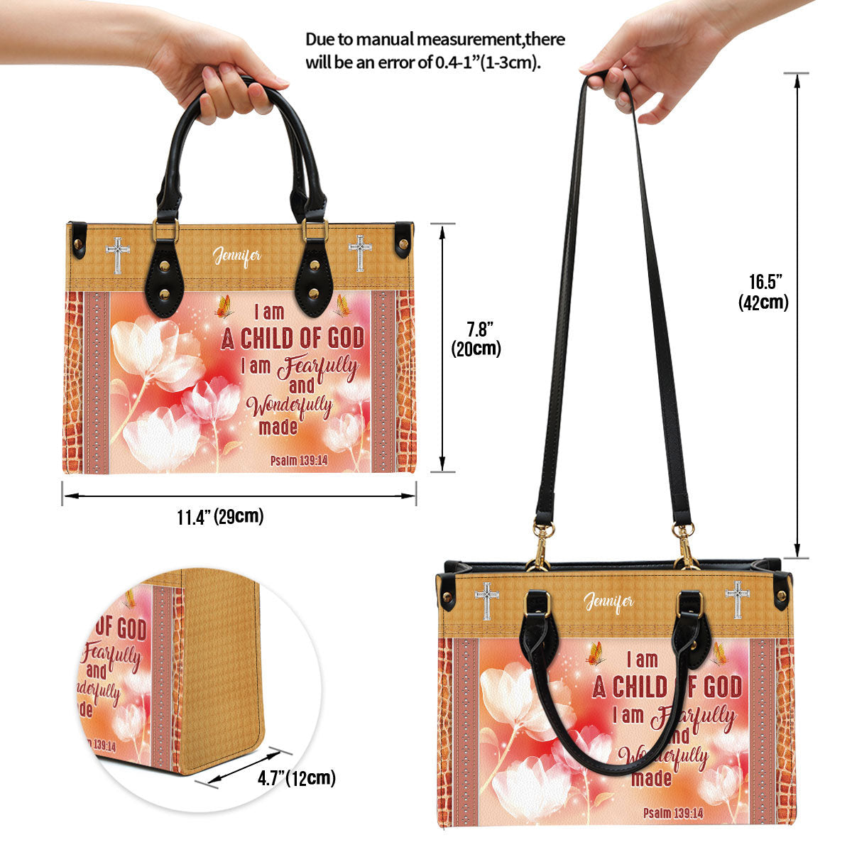 I Am A Child Of God Leather Bag - Custom Name Flower Leather Handbag - Christian Gifts For Women