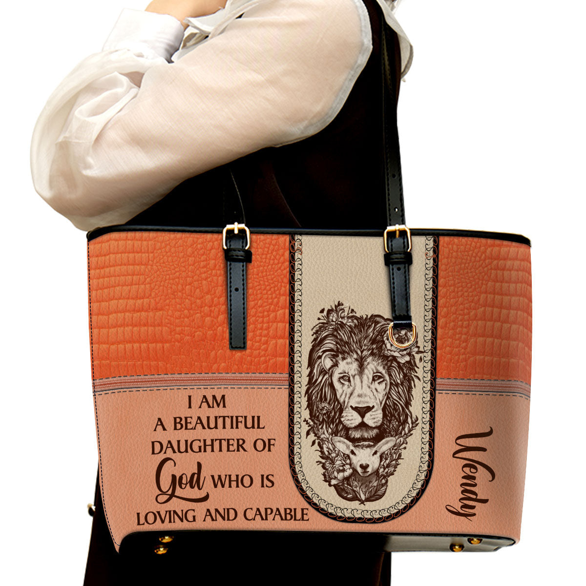 I Am A Daughter Of God Personalized Large Leather Tote Bag - Christian Inspirational Gifts For Women