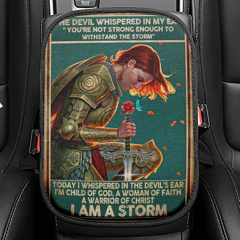 I Am A Storm Women Warrior Seat Box Cover, Christian Car Center Console Cover, Religious Car Interior Accessories