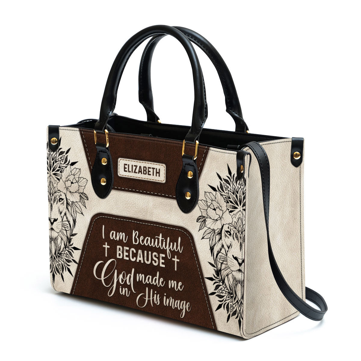 I Am Beautiful Because God Made Me In His Image Leather Bag - Custom Name Flower Leather Handbag - Christian Gifts For Women
