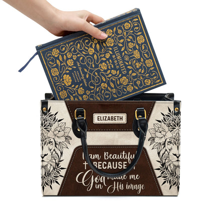 I Am Beautiful Because God Made Me In His Image Leather Bag - Custom Name Flower Leather Handbag - Christian Gifts For Women