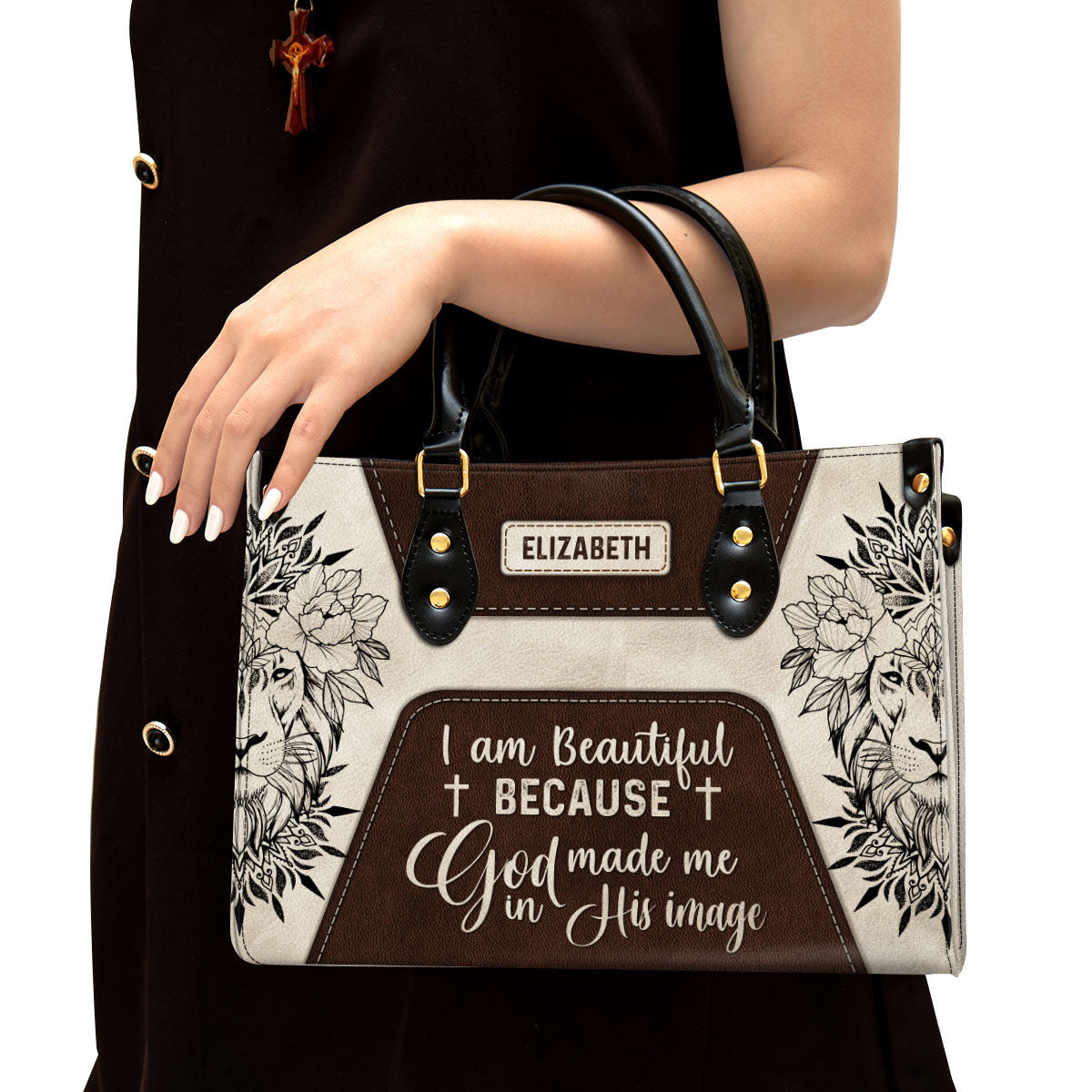I Am Beautiful Because God Made Me In His Image Leather Bag - Custom Name Flower Leather Handbag - Christian Gifts For Women