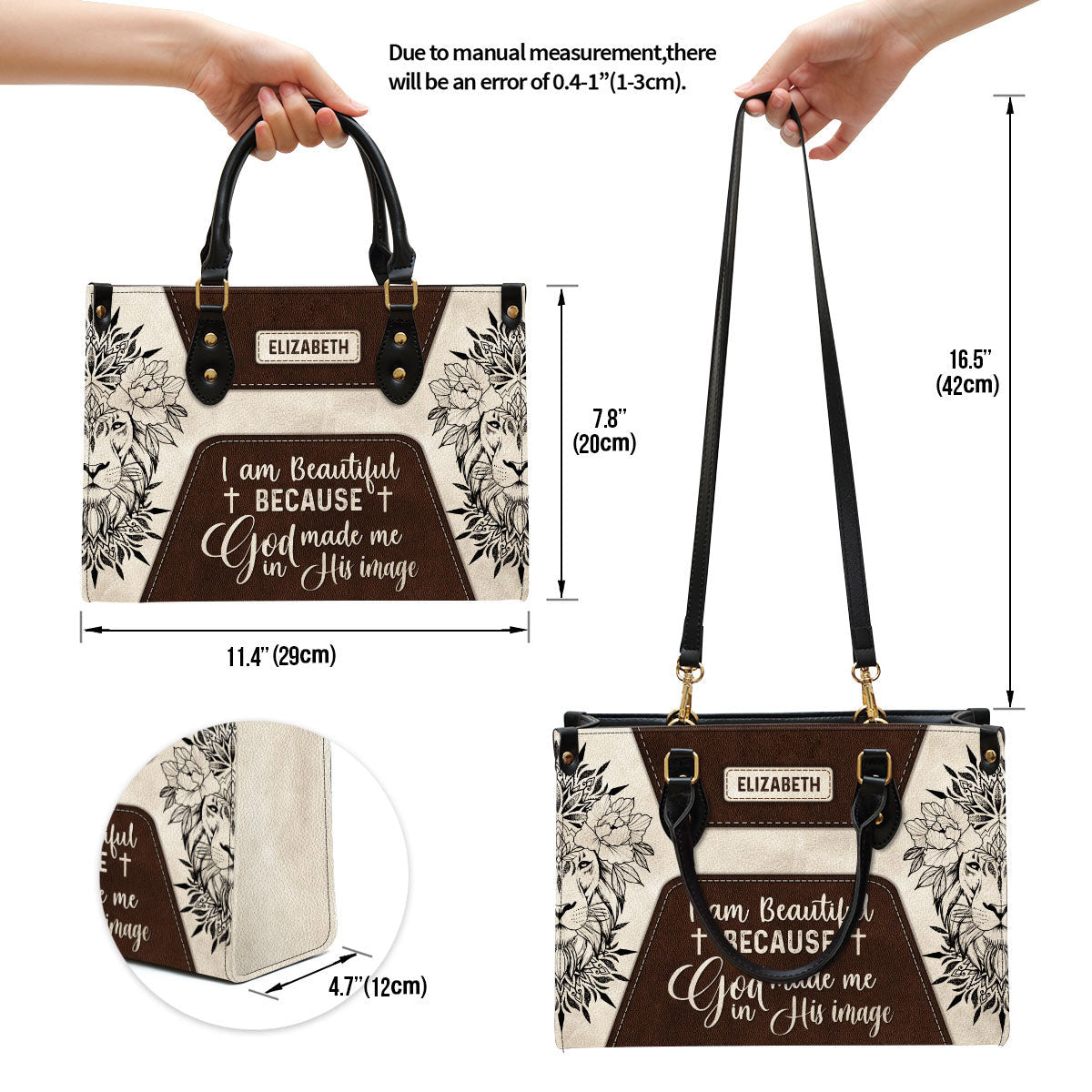 I Am Beautiful Because God Made Me In His Image Leather Bag - Custom Name Flower Leather Handbag - Christian Gifts For Women