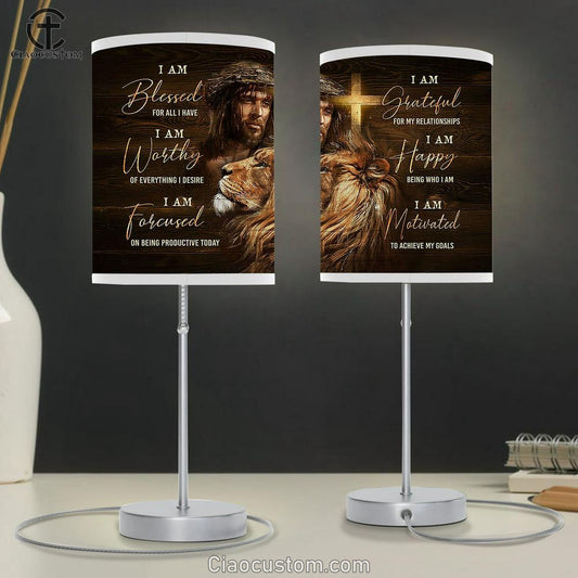 I Am Bless For All I Have Table Lamp - Jesus Faith God Lion Head Large Table Lamp Art - Christian Room Decor - Religious Room Decor