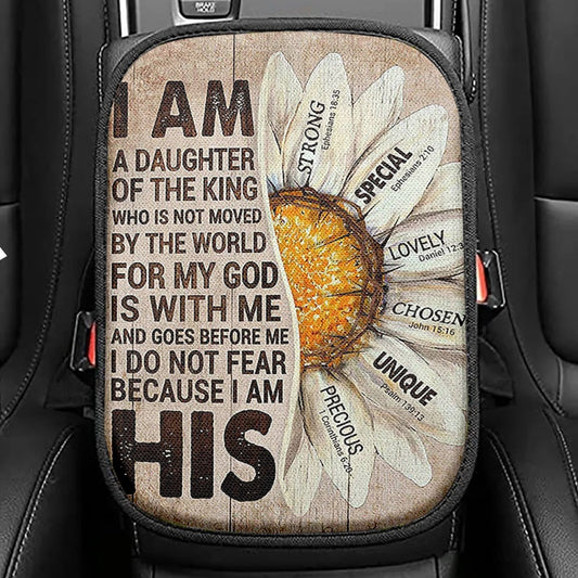 I Am Daughter Of The King Seat Box Cover, Half Of Daisy Flower Car Center Console Cover, Christian Car Interior Accessories
