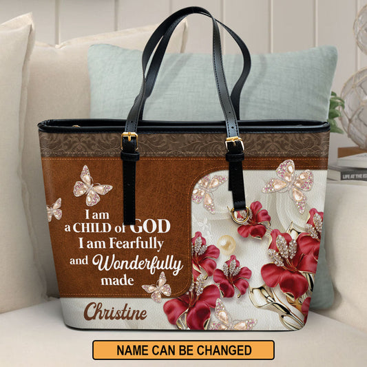 I Am Fearfully And Wonderfully Made Personalized Large Leather Tote Bag - Christian Inspirational Gifts For Women