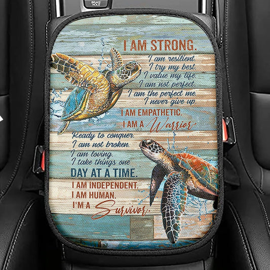I Am Strong I Am A Survivor Sea Turtle Seat Box Cover, Christian Car Center Console Cover, Bible Verse Car Interior Accessories