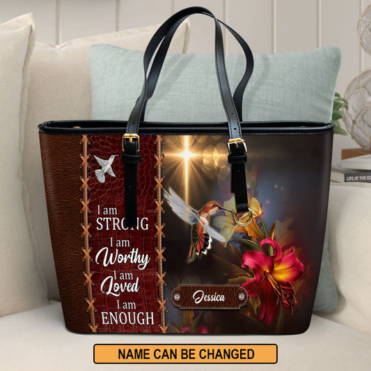I Am Strong Personalized Large Leather Tote Bag - Christian Inspirational Gifts For Women
