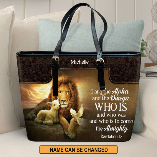 I Am The Alpha And The Omega Personalized Large Leather Tote Bag - Christian Inspirational Gifts For Women