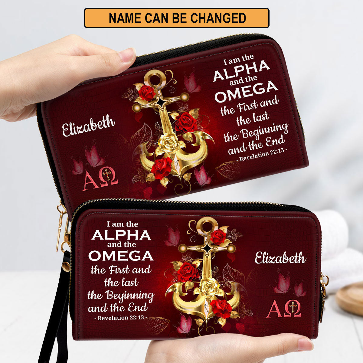 I Am The Beginning And The End Clutch Purse For Women - Personalized Name - Christian Gifts For Women