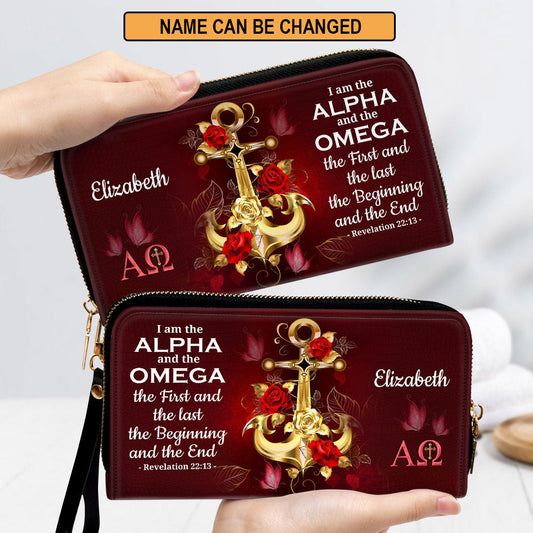 I Am The Beginning And The End Clutch Purse For Women - Personalized Name - Christian Gifts For Women