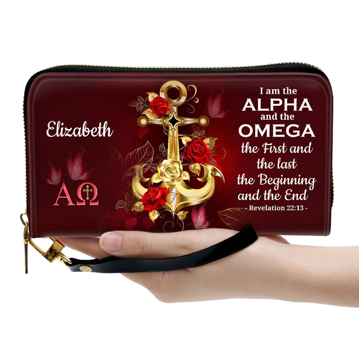 I Am The Beginning And The End Clutch Purse For Women - Personalized Name - Christian Gifts For Women