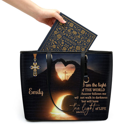 I Am The Light Of The World Personalized Large Leather Tote Bag - Christian Inspirational Gifts For Women