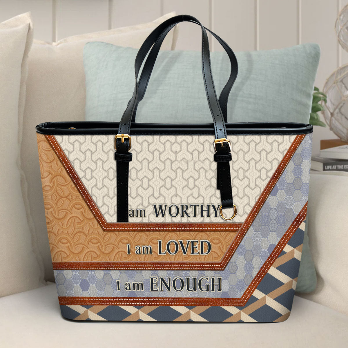 I Am Worthy I Am Loved Large Leather Tote Bag - Christ Gifts For Religious Women - Best Mother's Day Gifts