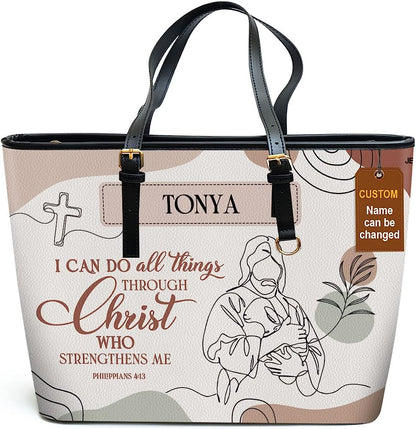 I Can Do All Things Personalized Large Leather Tote Bag - Christian Inspirational Gifts For Women