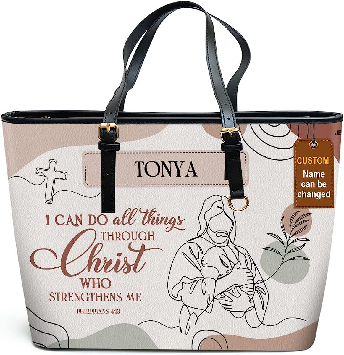 I Can Do All Things Personalized Large Leather Tote Bag - Christian Inspirational Gifts For Women