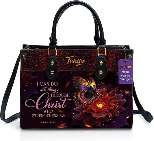 I Can Do All Things Personalized Leather Bag With Handle for Christian Women