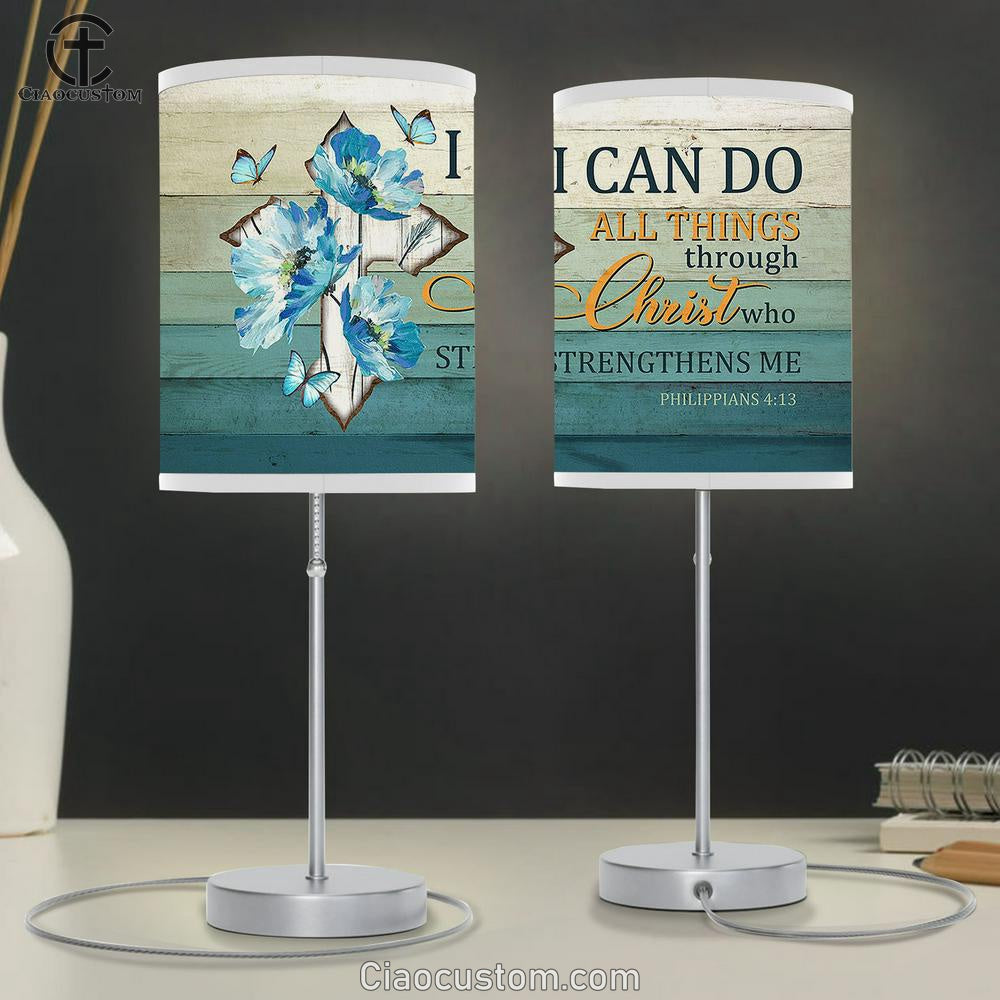 I Can Do All Things Through Christ Cross Blue Butterfly Lamp Art Table Lamp - Christian Lamp Art - Religious Art