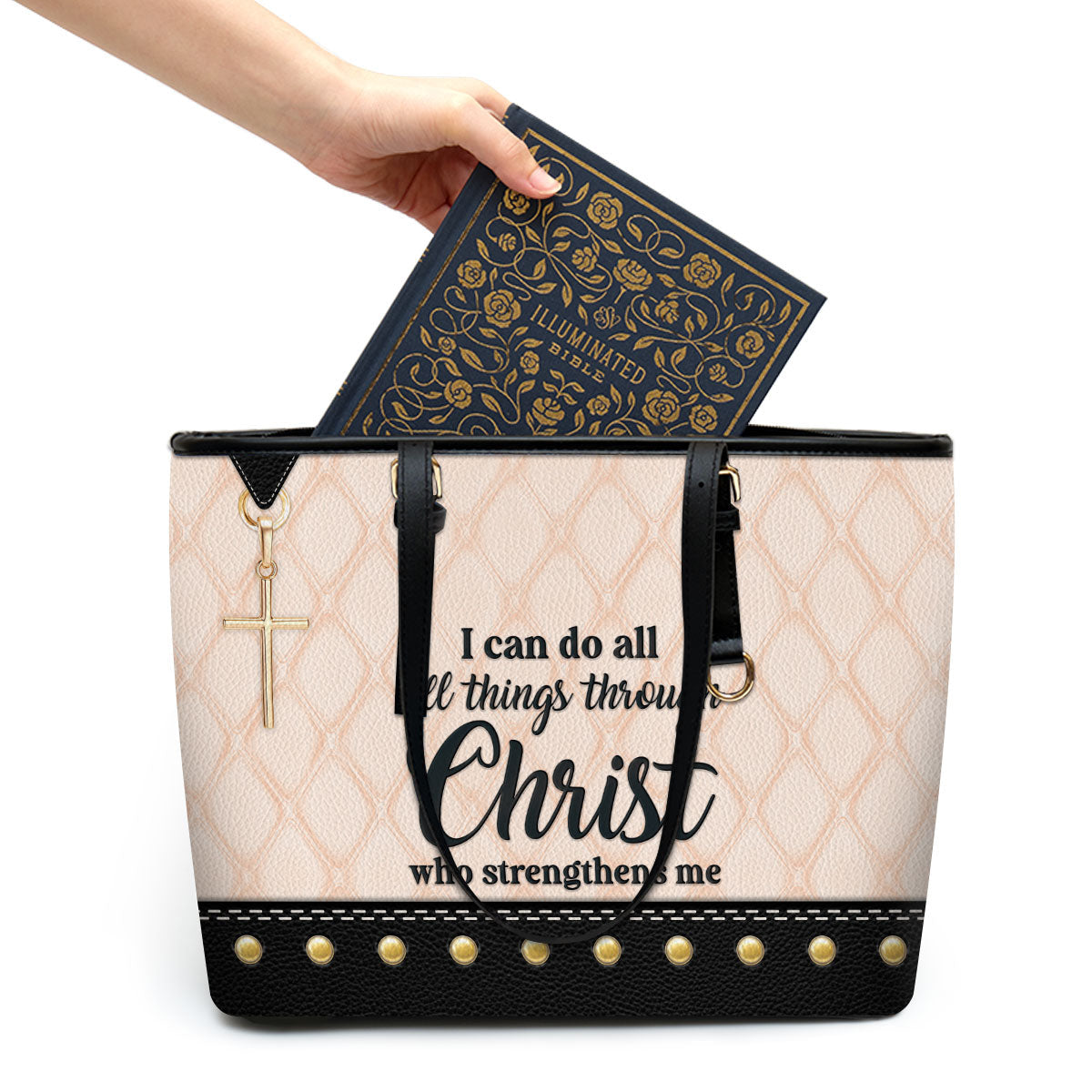 I Can Do All Things Through Christ Large Leather Tote Bag - Christ Gifts For Religious Women - Best Mother's Day Gifts