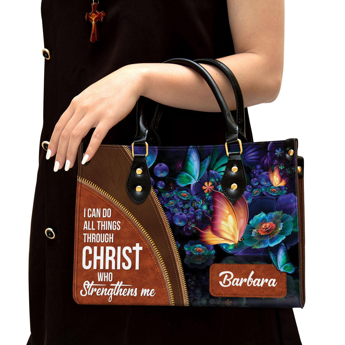 I Can Do All Things Through Christ Leather Bag - Custom Name Butterfly Leather Handbag - Christian Gifts For Women