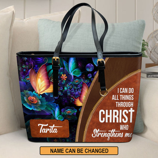 I Can Do All Things Through Christ Personalized Large Leather Tote Bag - Christian Inspirational Gifts For Women