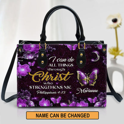 I Can Do All Things Through Christ Personalized Purple Leather Handbag - Gifts For Religious Women